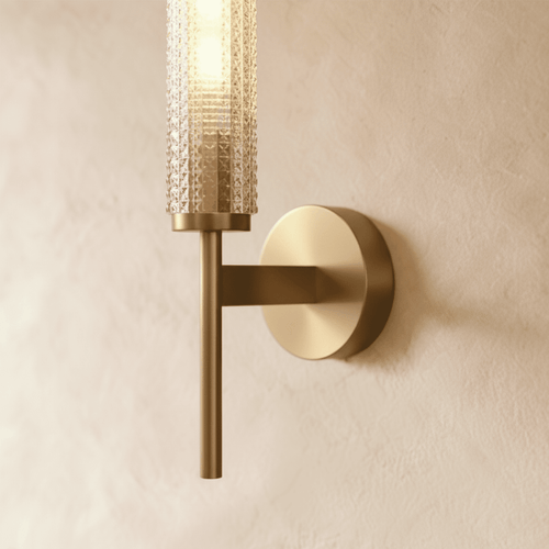AuraLume Textured Cylindrical Glass Shade Wall Lamp in Brass or Iron