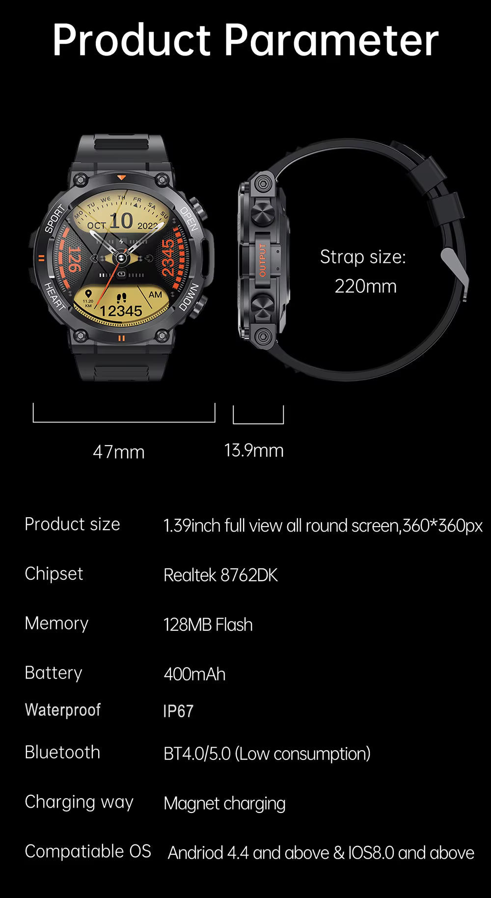 Rugged Outdoor Smart Watch With Round Touchscreen, FortisX Titan