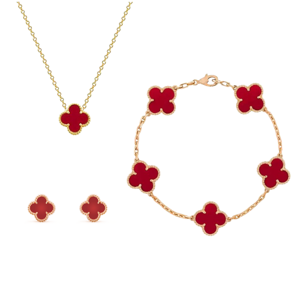 Amber Clover Jewelry Set, Necklace, Bracelet & Earrings, Gold Plated
