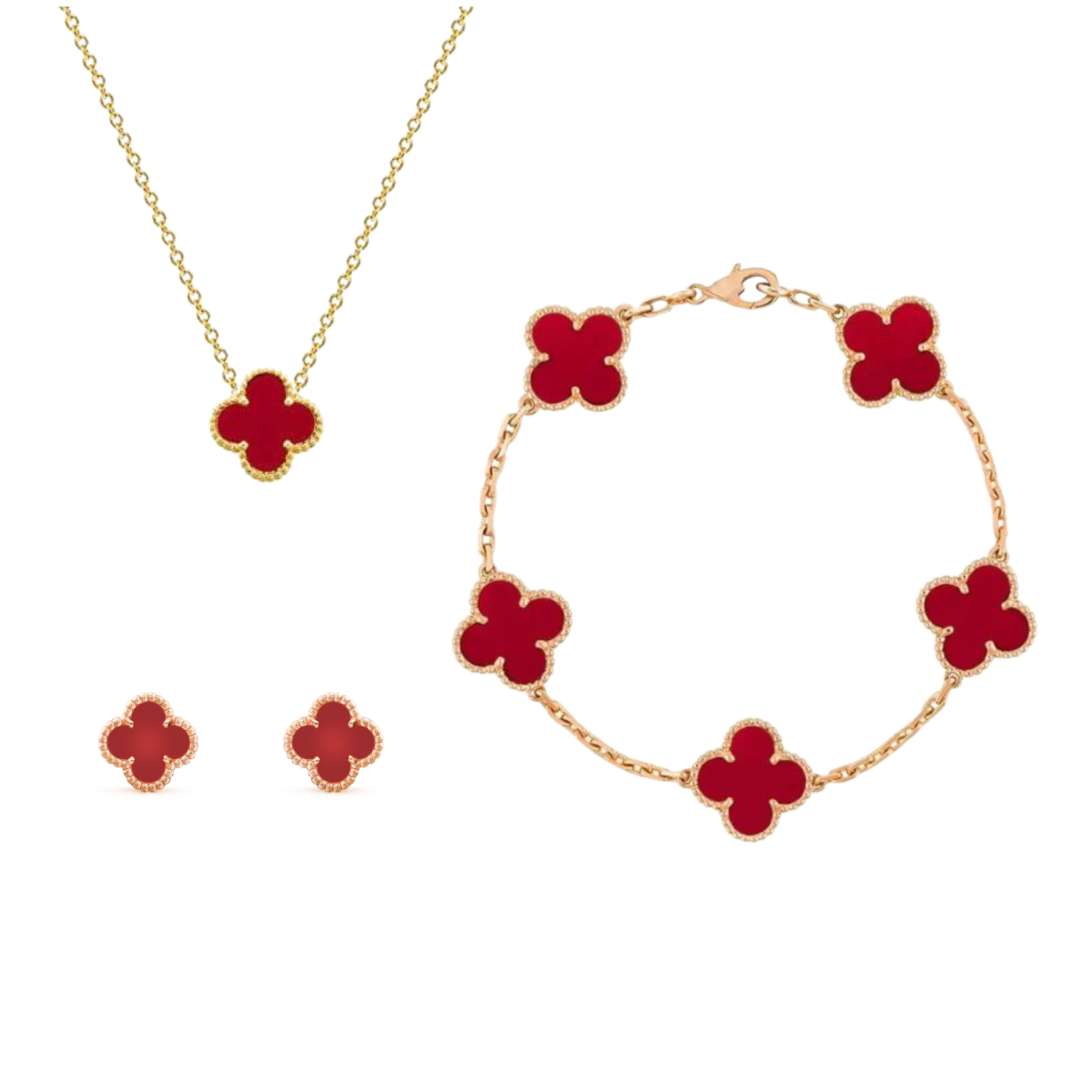 Amber Clover Jewelry Set, Necklace, Bracelet & Earrings, Gold Plated