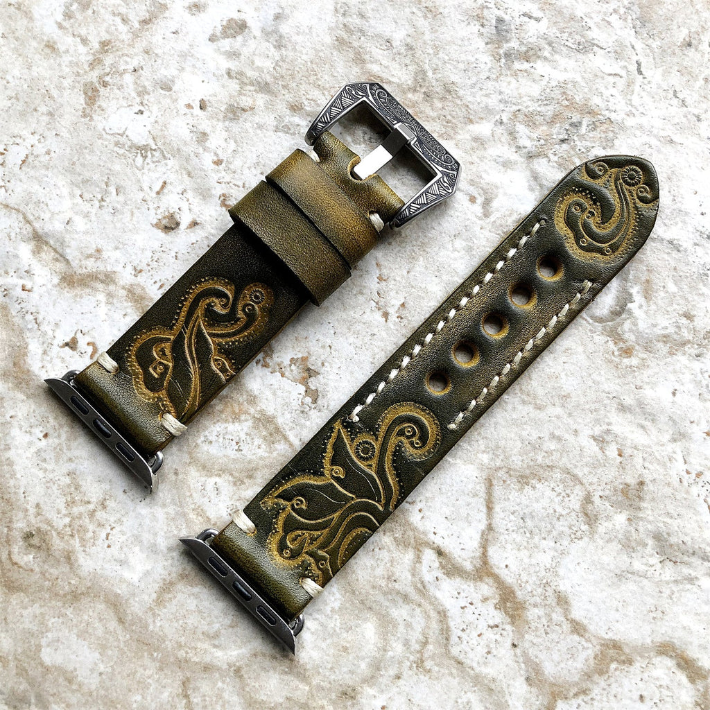 Apple Watch Band, Sera Hand-Engraved Embossed Leather, Fits Ultra To Series 3