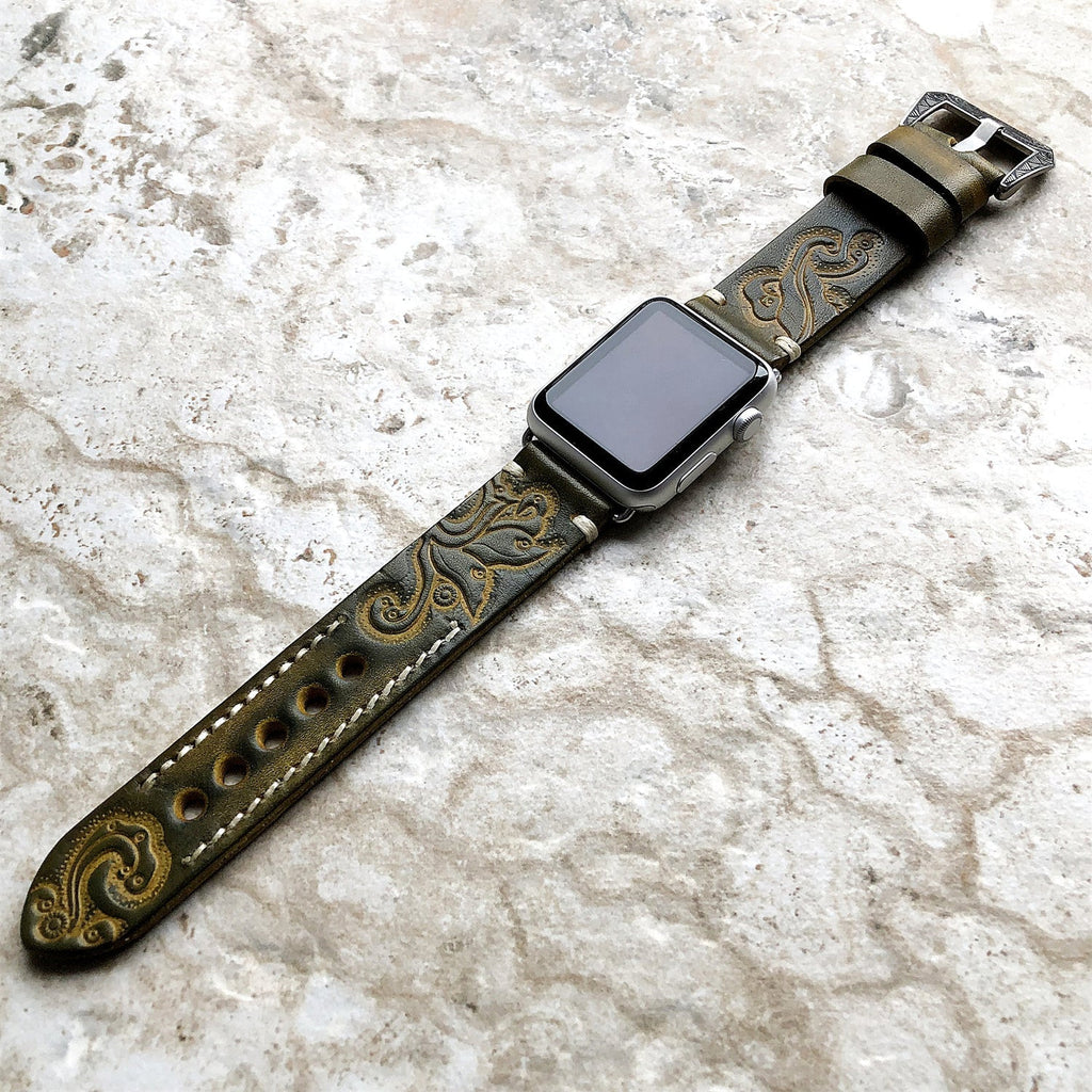 Apple Watch Band, Sera Hand-Engraved Embossed Leather, Fits Ultra To Series 3