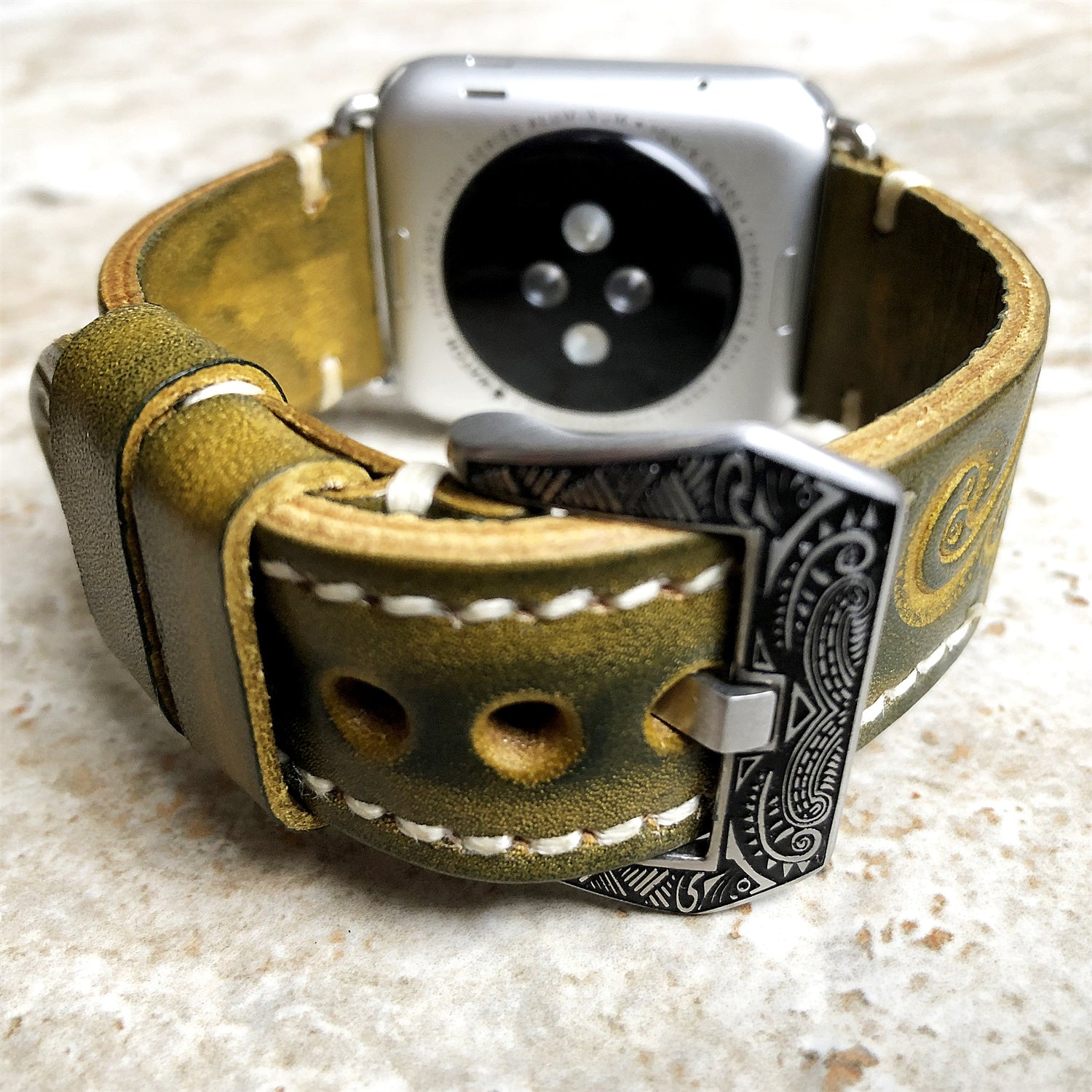 Apple Watch Band, Sera Hand-Engraved Embossed Leather, Fits Ultra To Series 3
