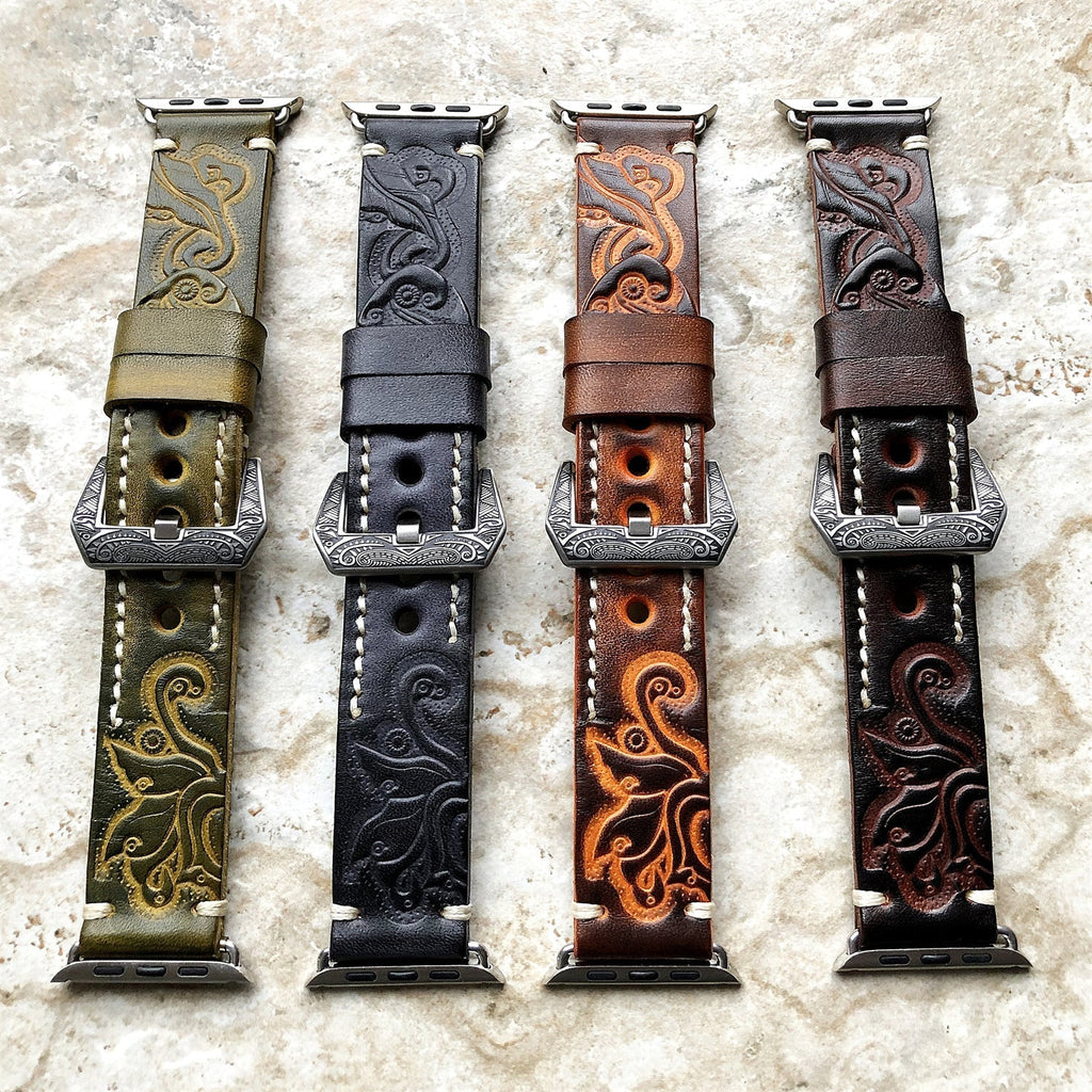 Apple Watch Band, Sera Hand-Engraved Embossed Leather, Fits Ultra To Series 3