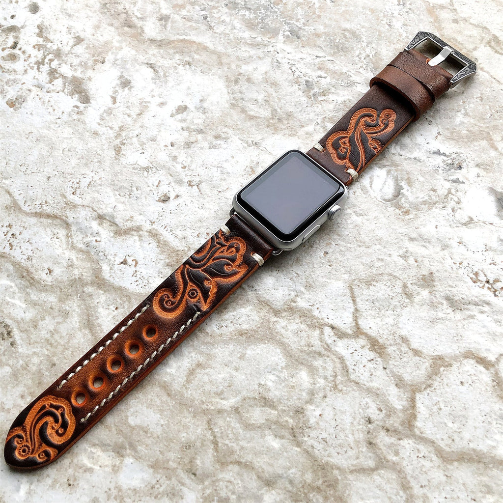 Apple Watch Band, Sera Hand-Engraved Embossed Leather, Fits Ultra To Series 3