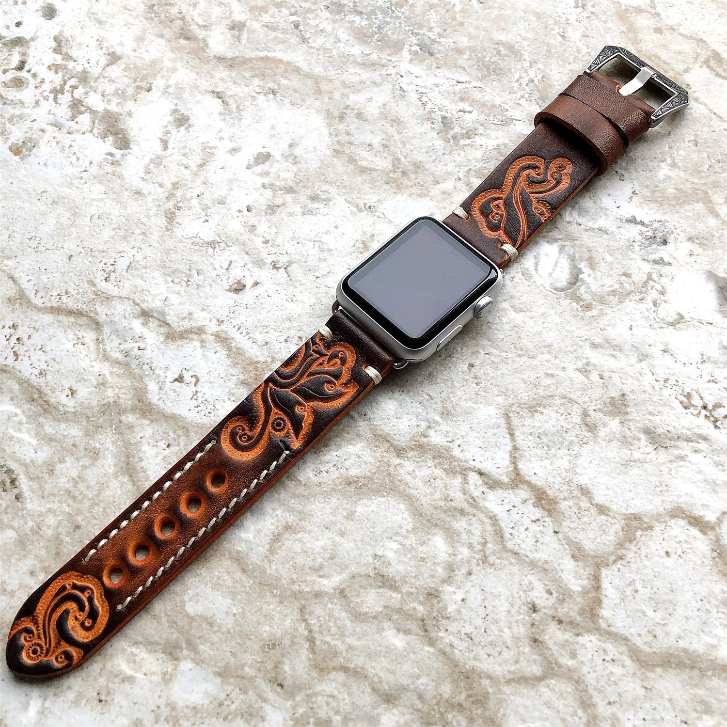 Apple Watch Band, Sera Hand-Engraved Embossed Leather, Fits Ultra To Series 3