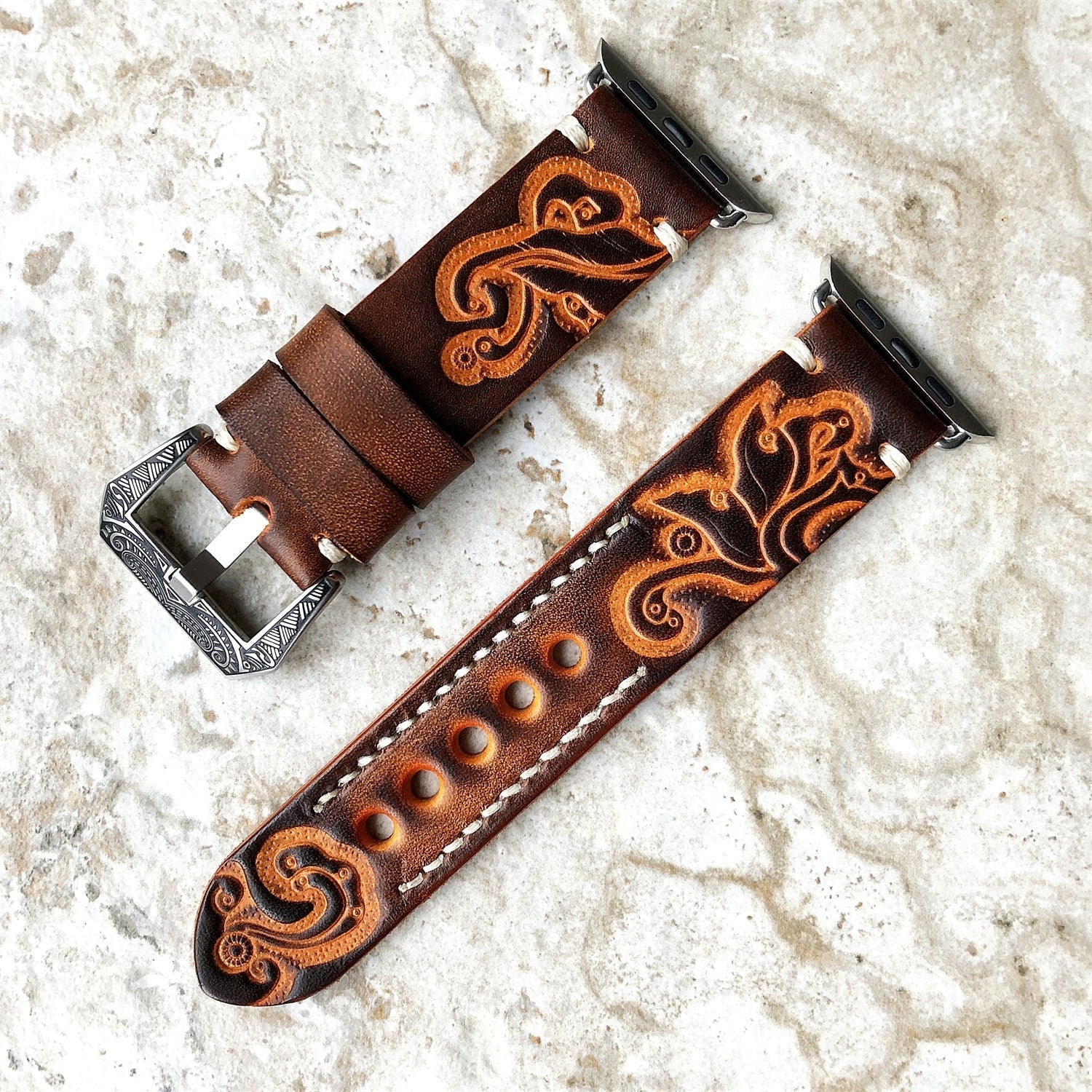 Apple Watch Band, Sera Hand-Engraved Embossed Leather, Fits Ultra To Series 3