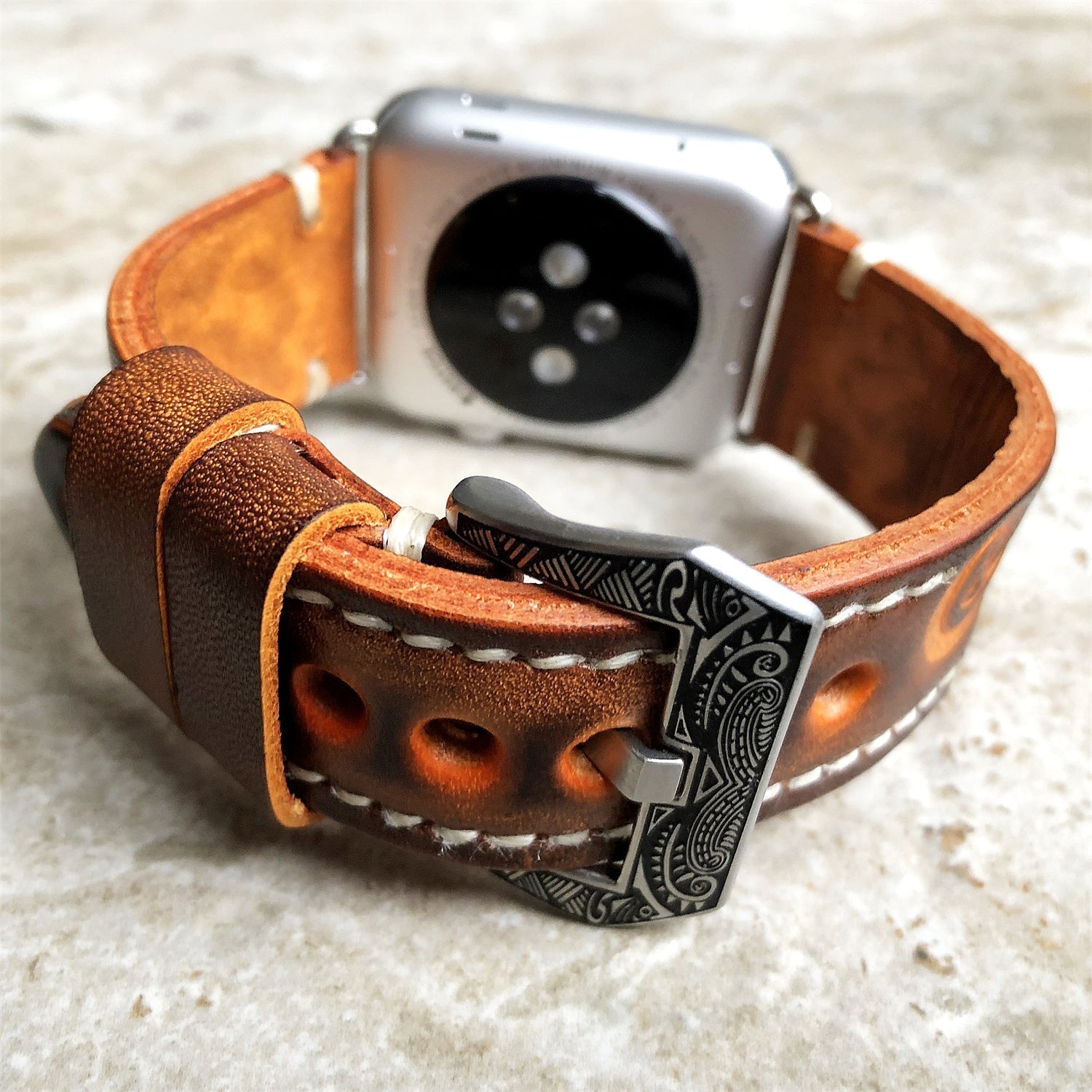 Apple Watch Band, Sera Hand-Engraved Embossed Leather, Fits Ultra To Series 3