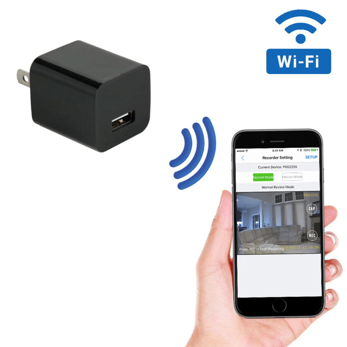 USB-vægoplader med skjult kamera, Averra 1080P, bevægelsesaktiveret Wi-Fi-optagelse