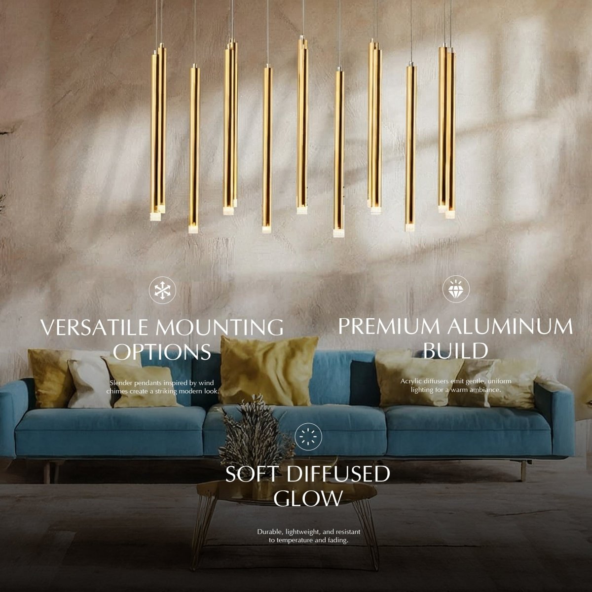 Lámpara colgante LumenChime tipo campana de viento de aluminio en acabado negro o dorado