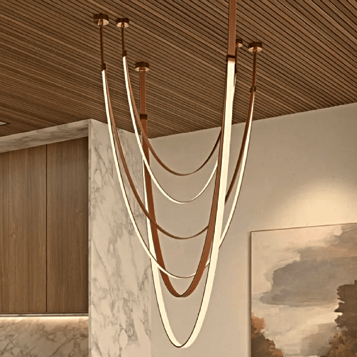Lustr EmberWeave s koženým páskem, vrstvený teplých tónů, moderní design