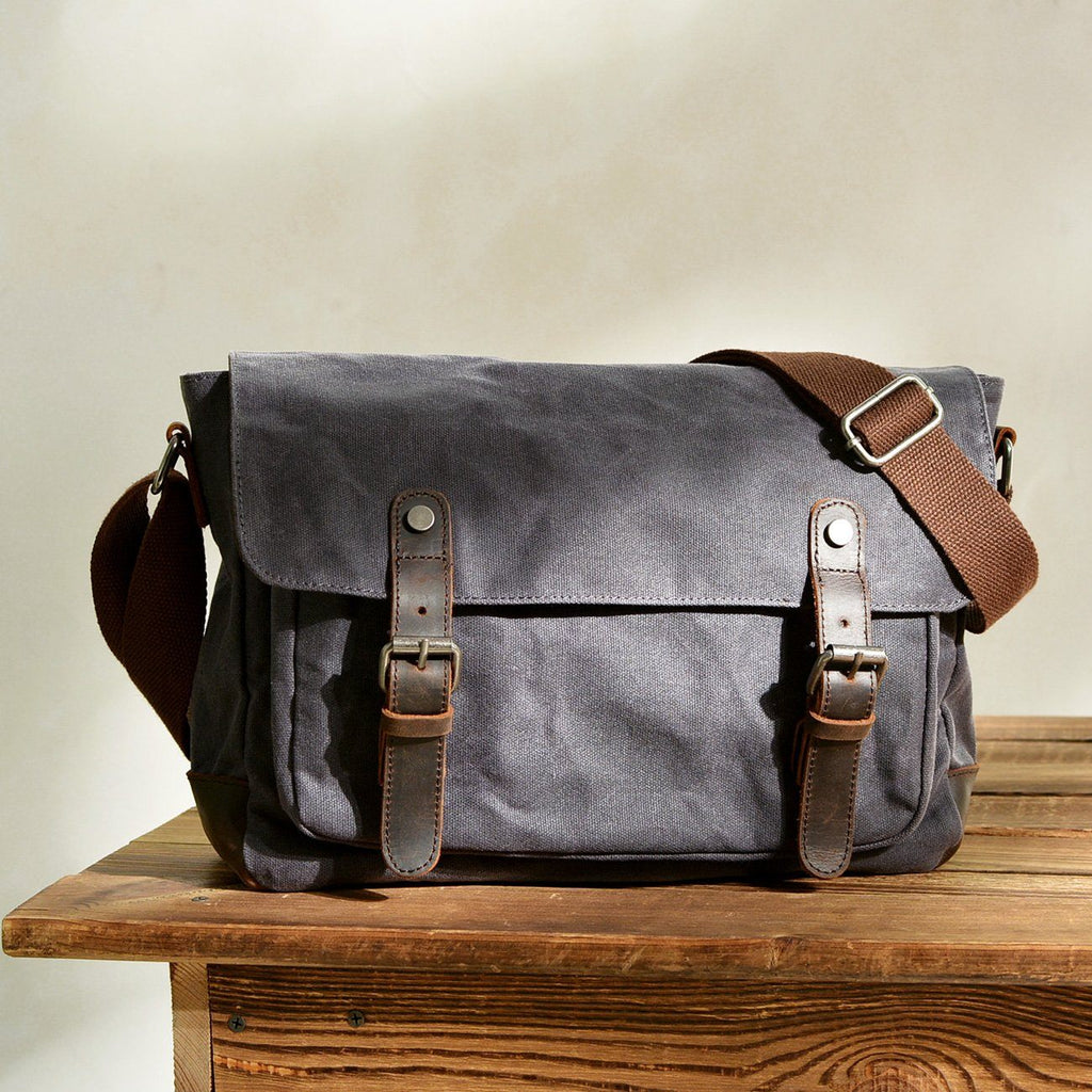 Waxed Canvas Crossbody Sling Bag With Leather Trim, Vintage Style