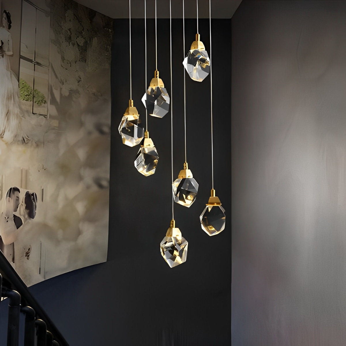 Astrae Crystal Droplet Chandelier, Twisted Gold Pendant Light, Warm LED