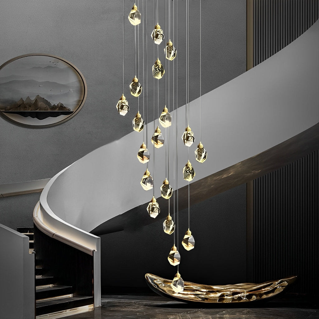 Astrae Crystal Droplet Chandelier, Twisted Gold Pendant Light, Warm LED