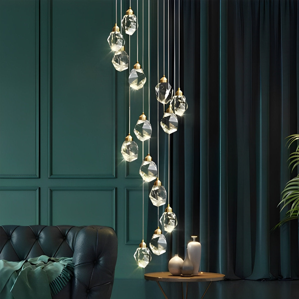 Astrae Crystal Droplet Chandelier, Twisted Gold Pendant Light, Warm LED