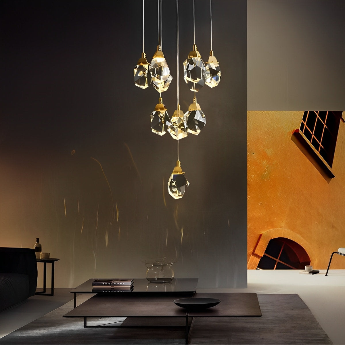 Astrae Crystal Droplet Chandelier, Twisted Gold Pendant Light, Warm LED