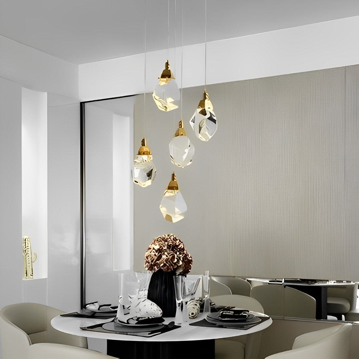 Astrae Crystal Droplet Chandelier, Twisted Gold Pendant Light, Warm LED