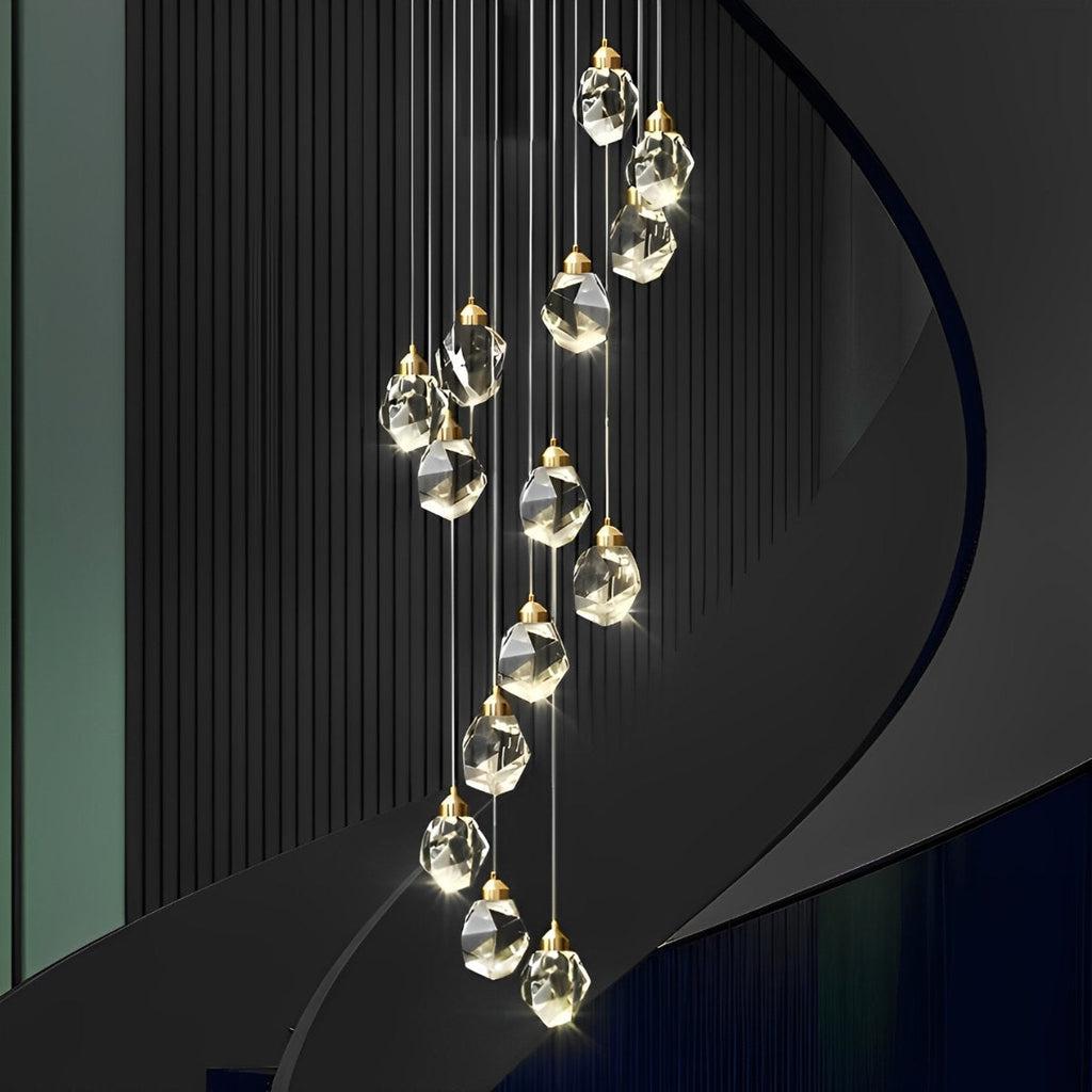 Astrae Crystal Droplet Chandelier, Twisted Gold Pendant Light, Warm LED