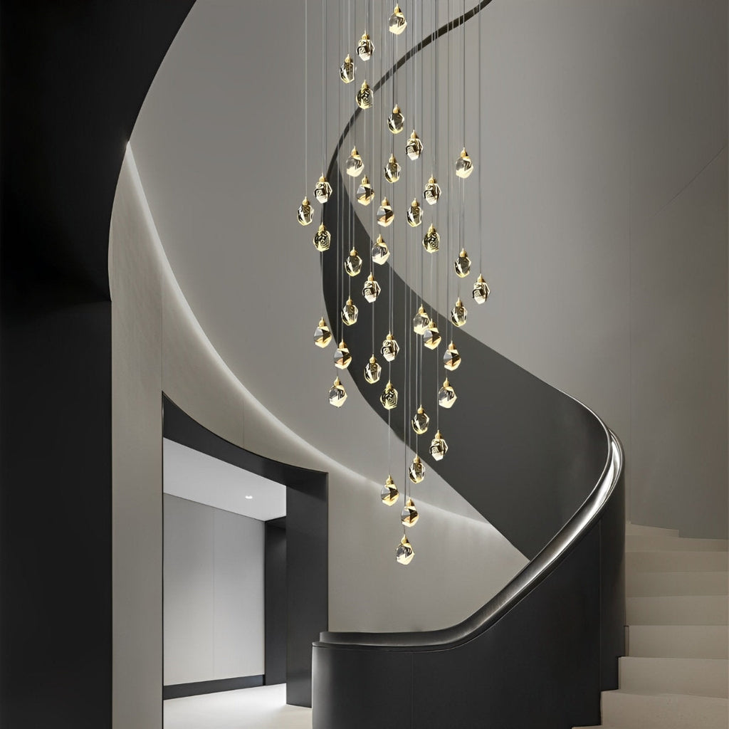 Astrae Crystal Droplet Chandelier, Twisted Gold Pendant Light, Warm LED