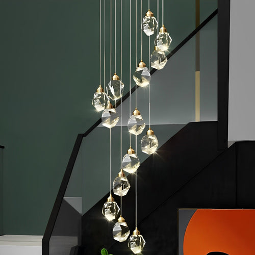 Lampadario a goccia di cristallo Astrae, lampada a sospensione dorata intrecciata, LED caldo
