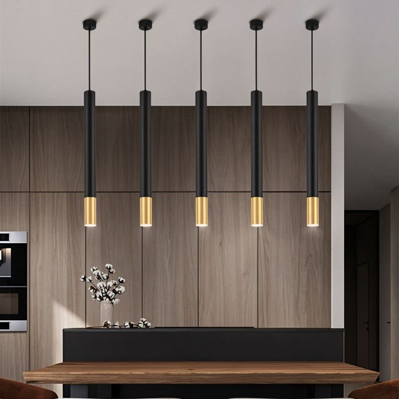 Lampada a sospensione cilindrica minimalista con accenti dorati per isole cucina
