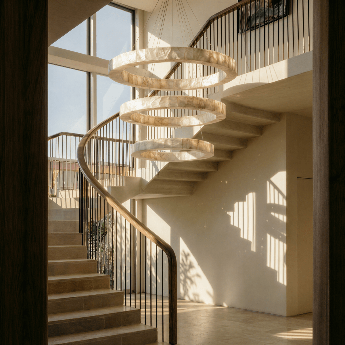 Lampadario LuminaCalcite Halo in alabastro con struttura a cavi d’acciaio