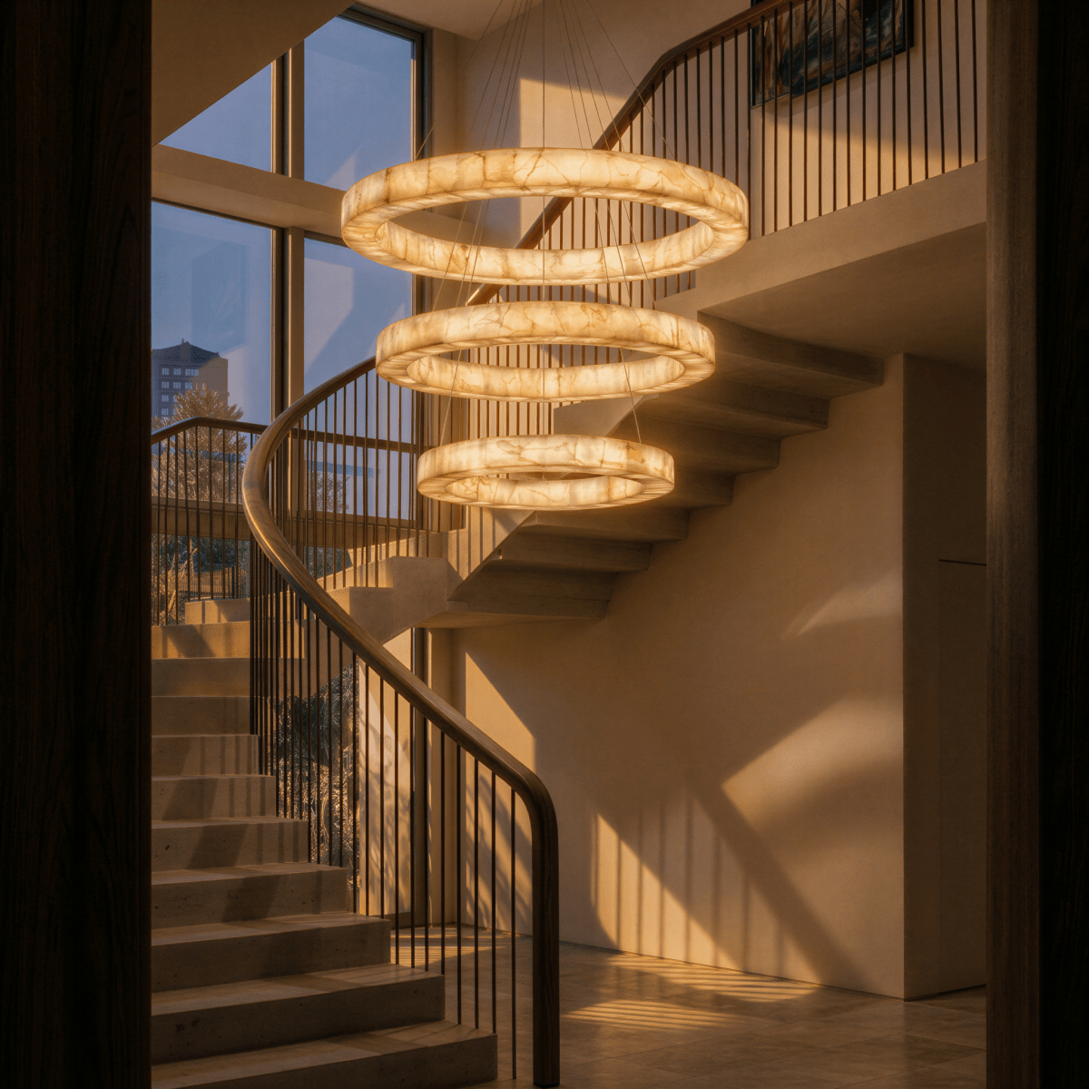 Lampadario LuminaCalcite Halo in alabastro con struttura a cavi d’acciaio