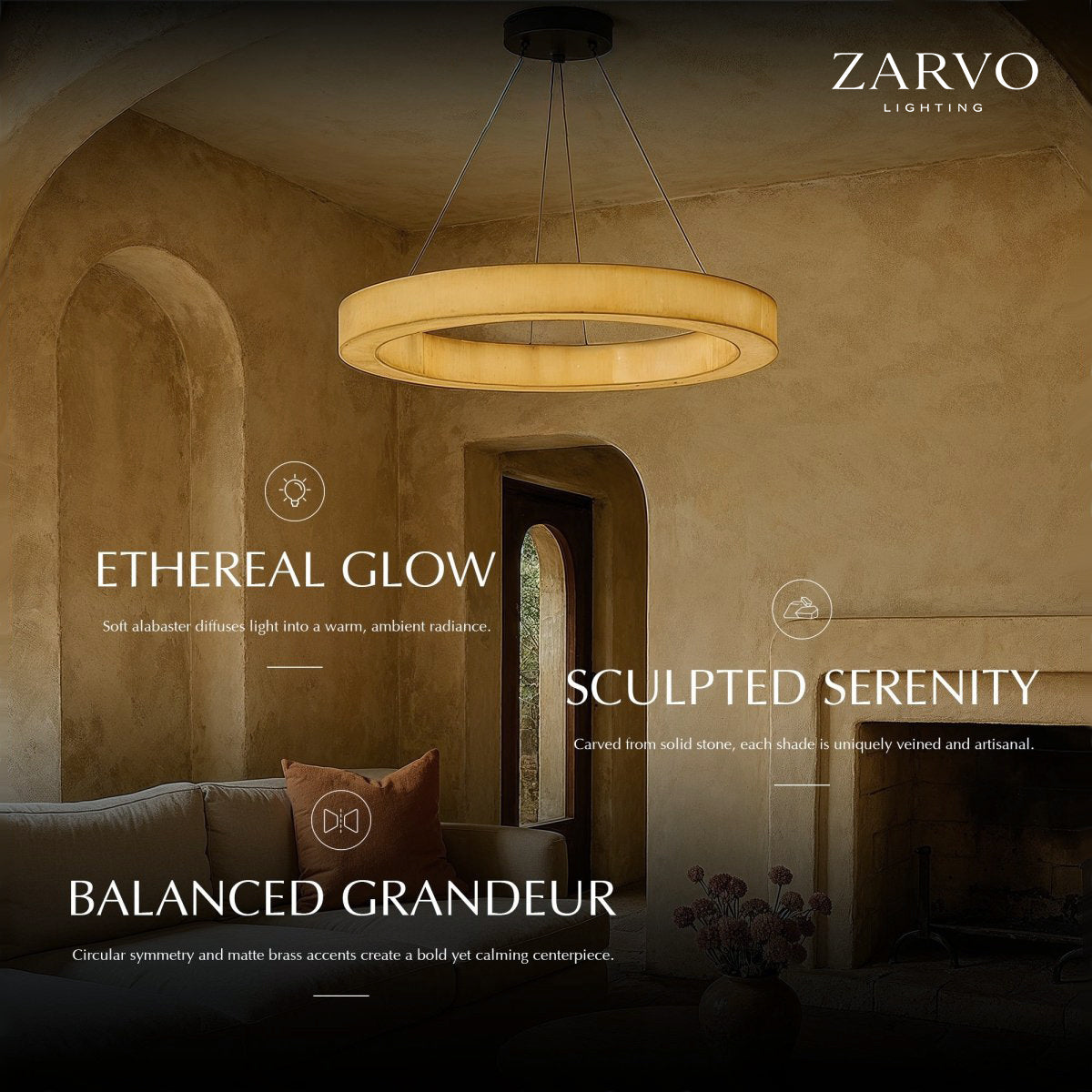 Lampadario LuminaCalcite Halo in alabastro con struttura a cavi d’acciaio