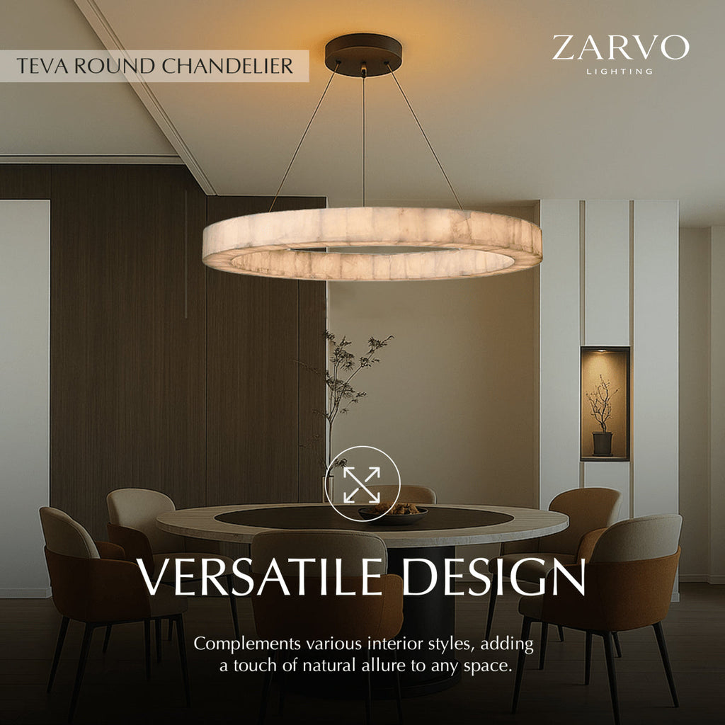 Lampadario LuminaCalcite Halo in alabastro con struttura a cavi d’acciaio