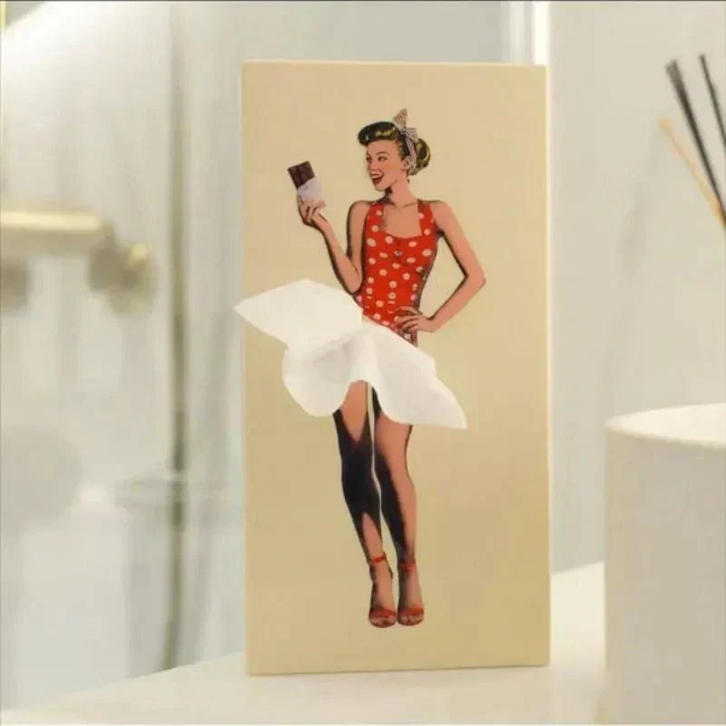 Tissue Box Cover in Wood with Retro Pin-Up Dress Design, Kevara Keepsake