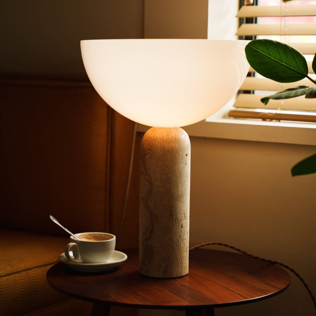 TerraGlow Travertine Glass LED Table Lamp for Minimalist Living Spaces