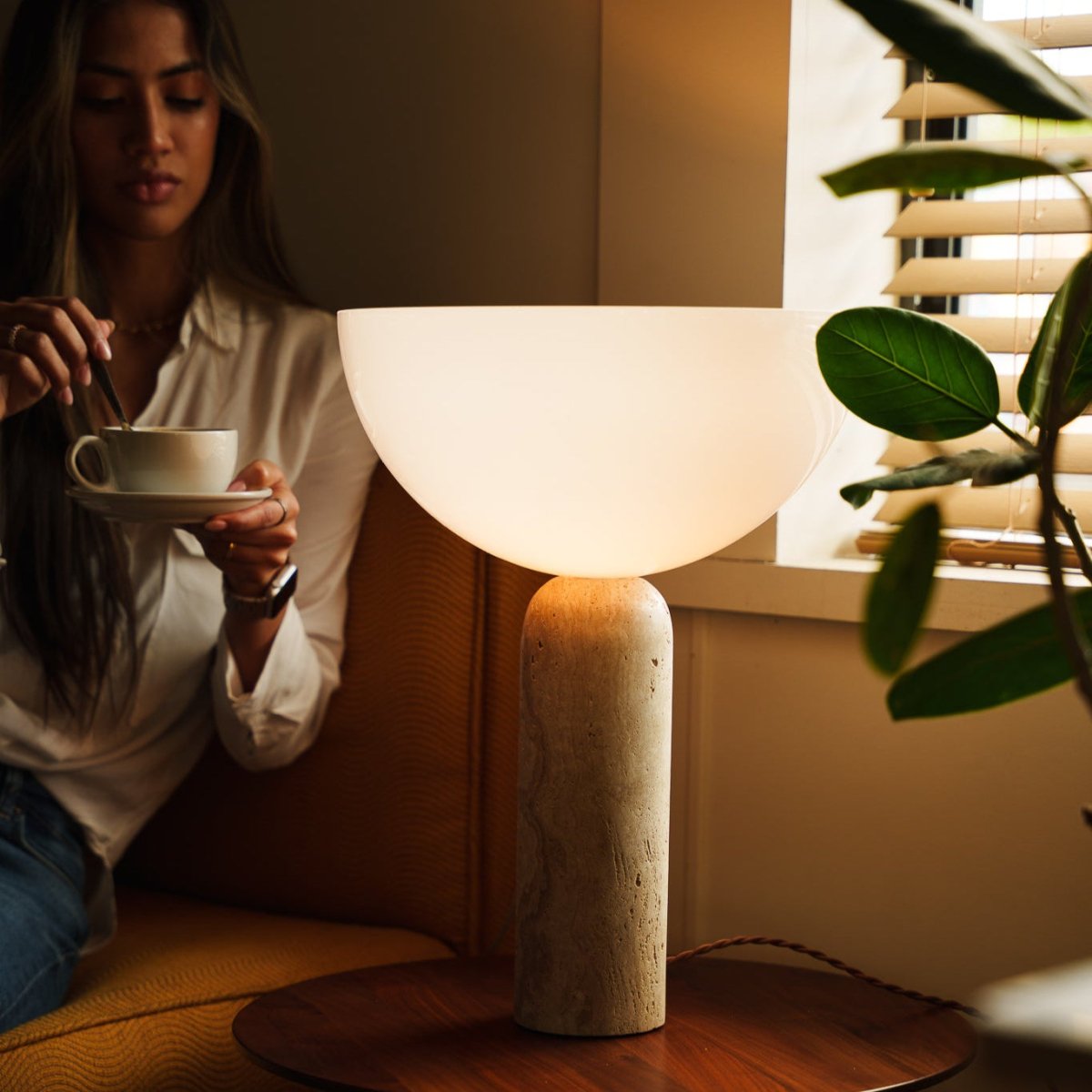 TerraGlow Travertine Glass LED Table Lamp for Minimalist Living Spaces