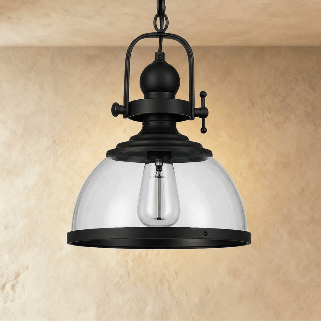 Black Metal Vintage Industrial Pendant Light With Glass Dome And Exposed Bulb