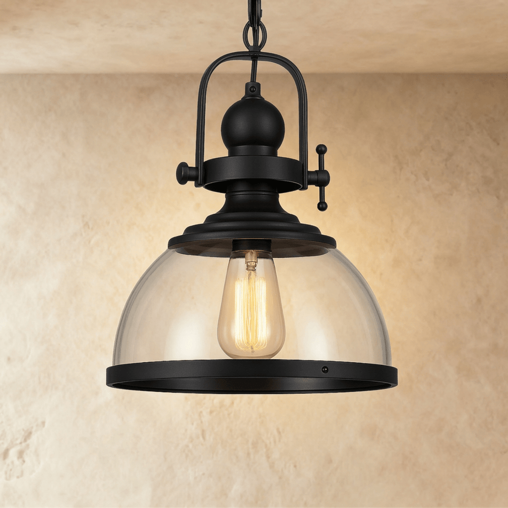 Black Metal Vintage Industrial Pendant Light With Glass Dome And Exposed Bulb