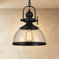 Black Metal Vintage Industrial Pendant Light With Glass Dome And Exposed Bulb
