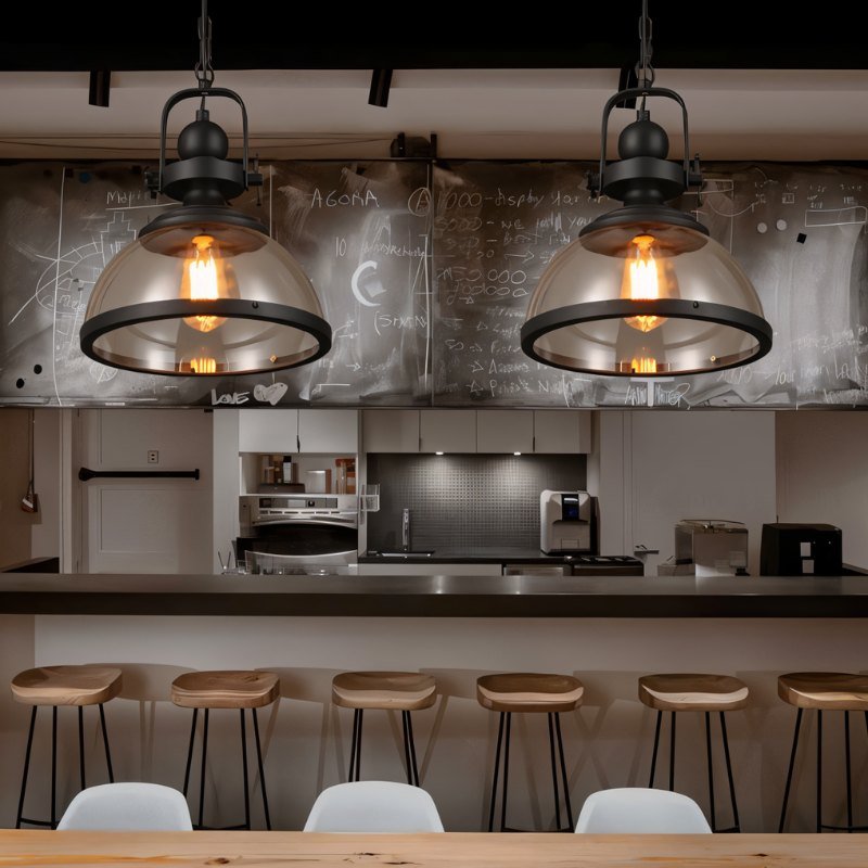 Black Metal Vintage Industrial Pendant Light With Glass Dome And Exposed Bulb
