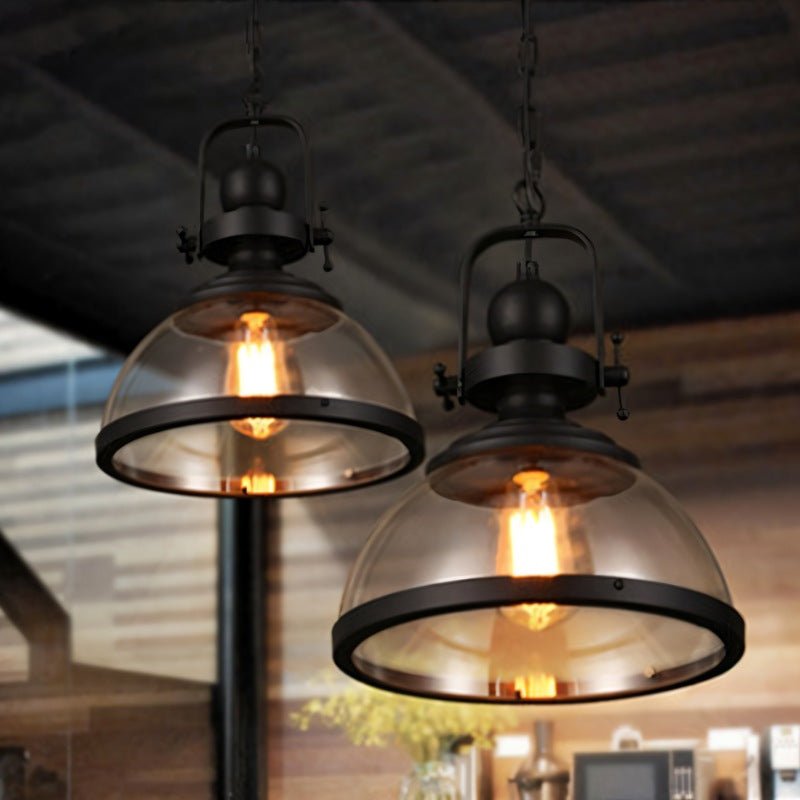 Black Metal Vintage Industrial Pendant Light With Glass Dome And Exposed Bulb
