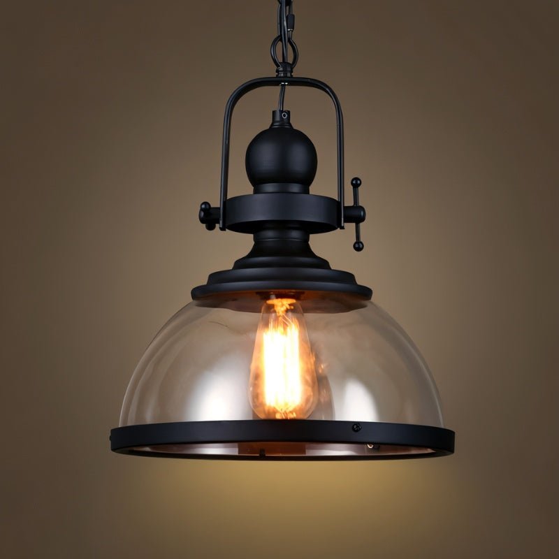 Black Metal Vintage Industrial Pendant Light With Glass Dome And Exposed Bulb