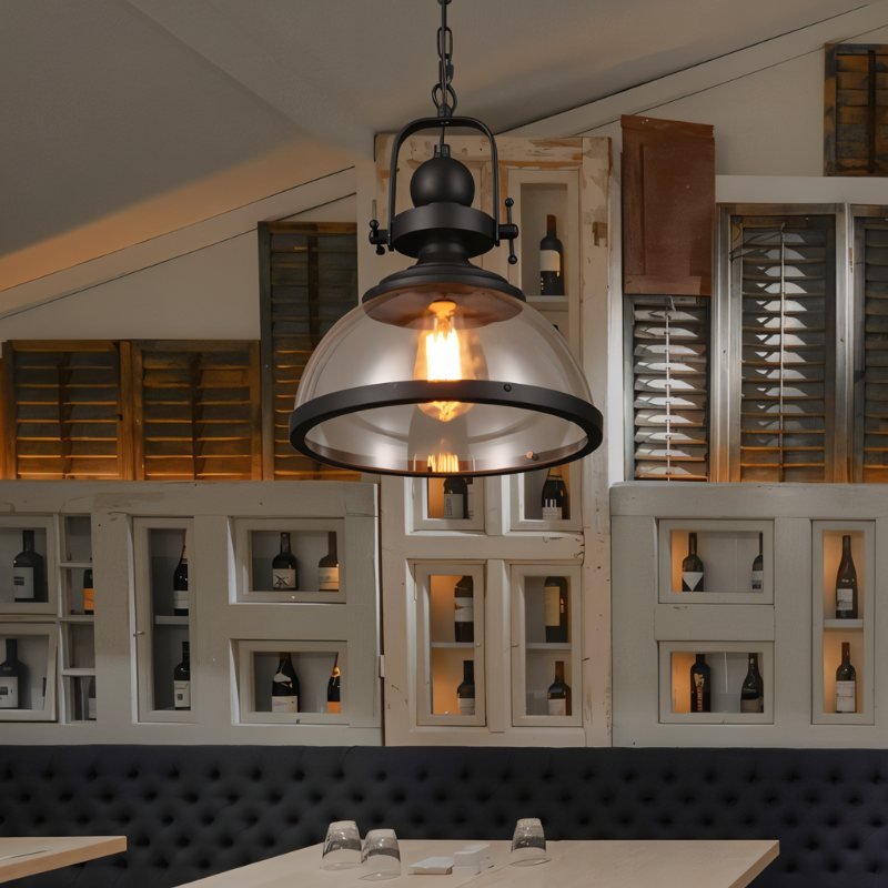 Black Metal Vintage Industrial Pendant Light With Glass Dome And Exposed Bulb