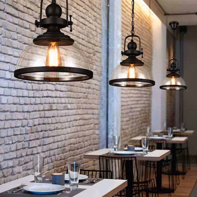 Black Metal Vintage Industrial Pendant Light With Glass Dome And Exposed Bulb