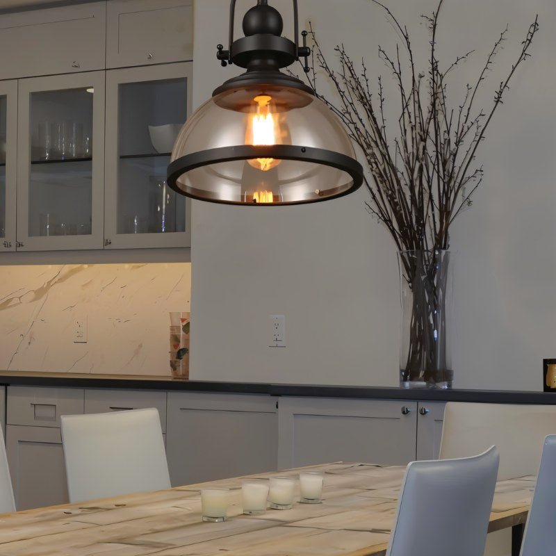 Black Metal Vintage Industrial Pendant Light With Glass Dome And Exposed Bulb