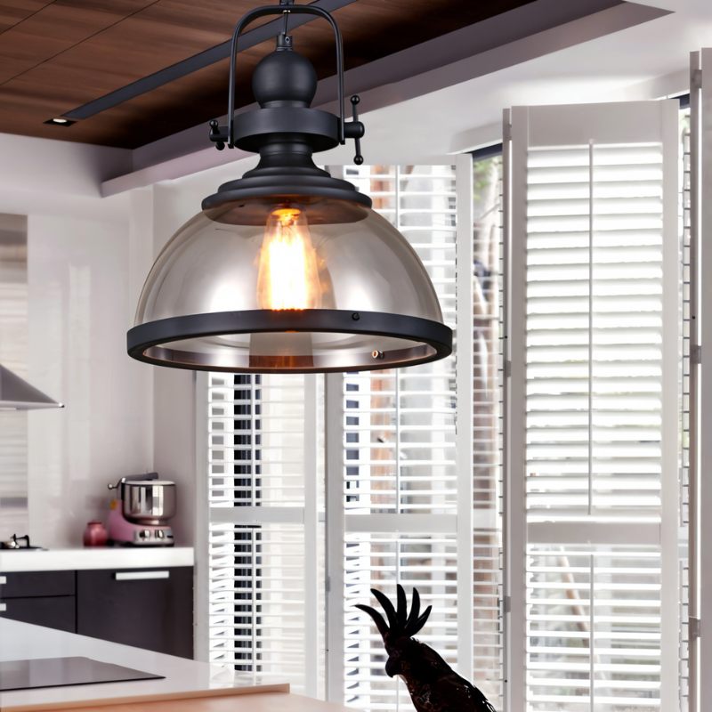 Black Metal Vintage Industrial Pendant Light With Glass Dome And Exposed Bulb