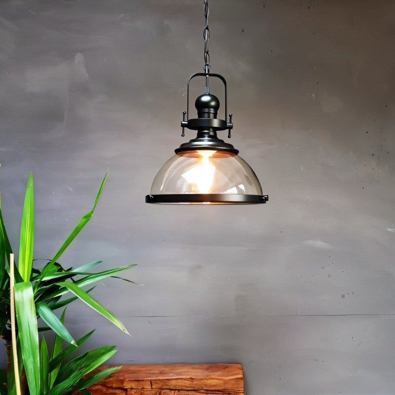 Black Metal Vintage Industrial Pendant Light With Glass Dome And Exposed Bulb