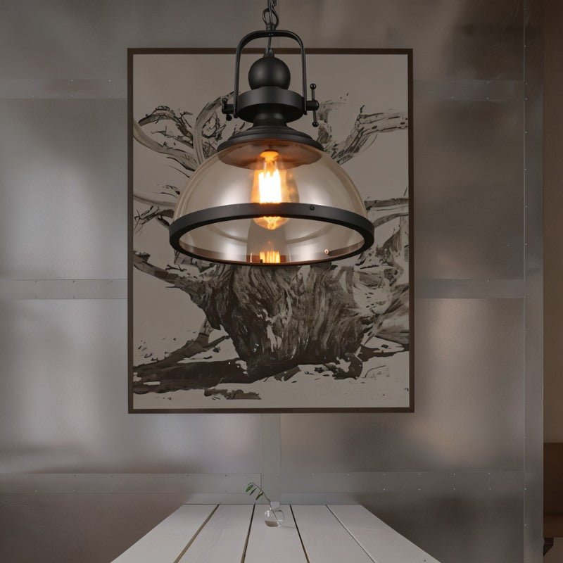 Black Metal Vintage Industrial Pendant Light With Glass Dome And Exposed Bulb