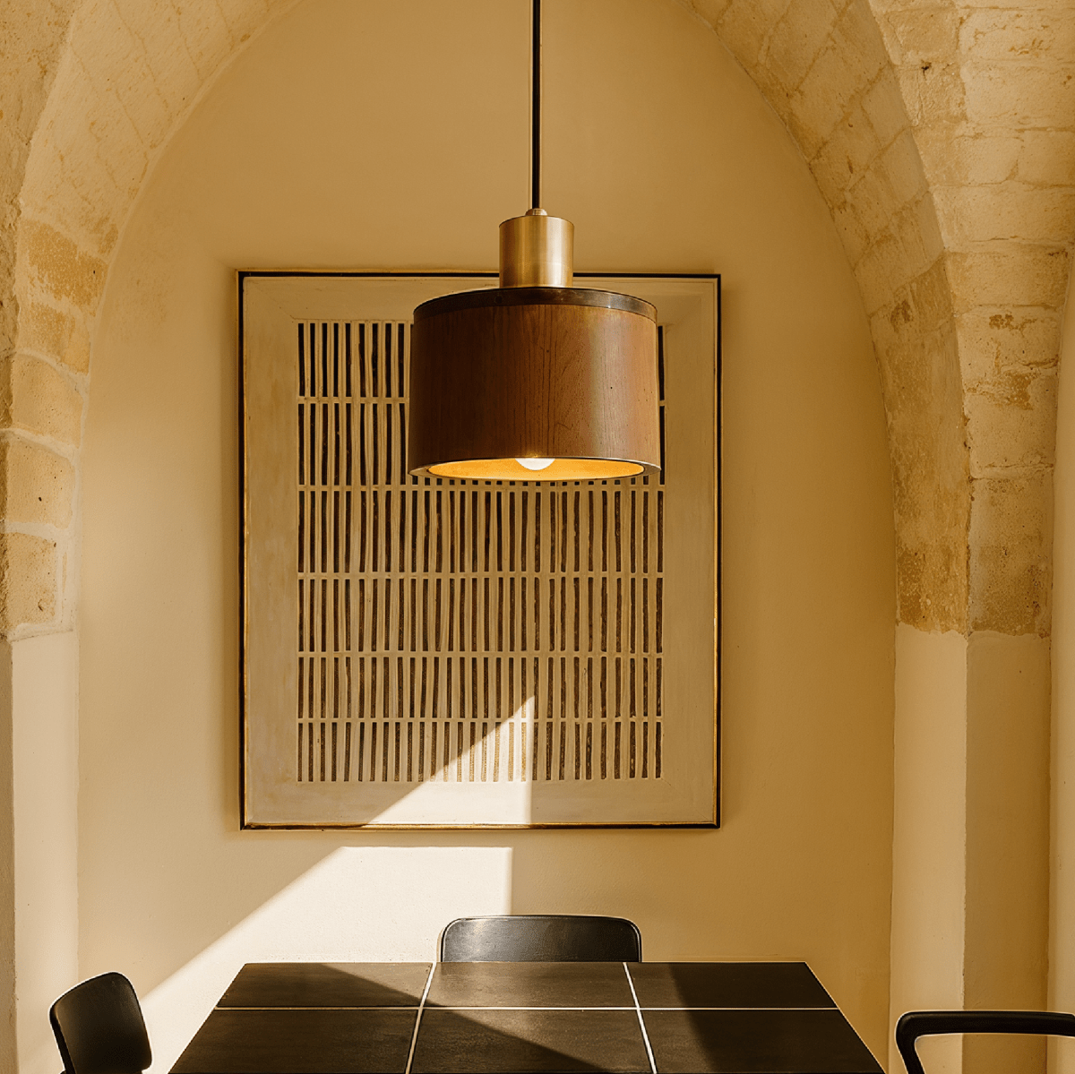 Copper Wood Duotone Cylinder Pendant Light With Brushed Finish