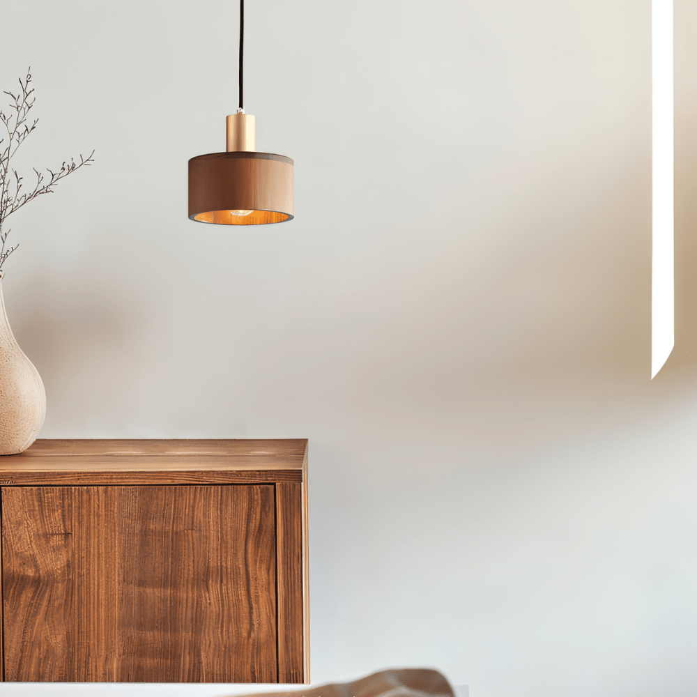 Copper Wood Duotone Cylinder Pendant Light With Brushed Finish