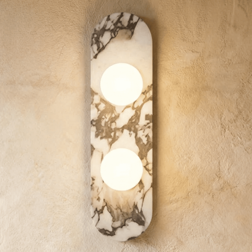 Marble Vein Sculptural Wall Lamp With Glass Globes And Metal Frame