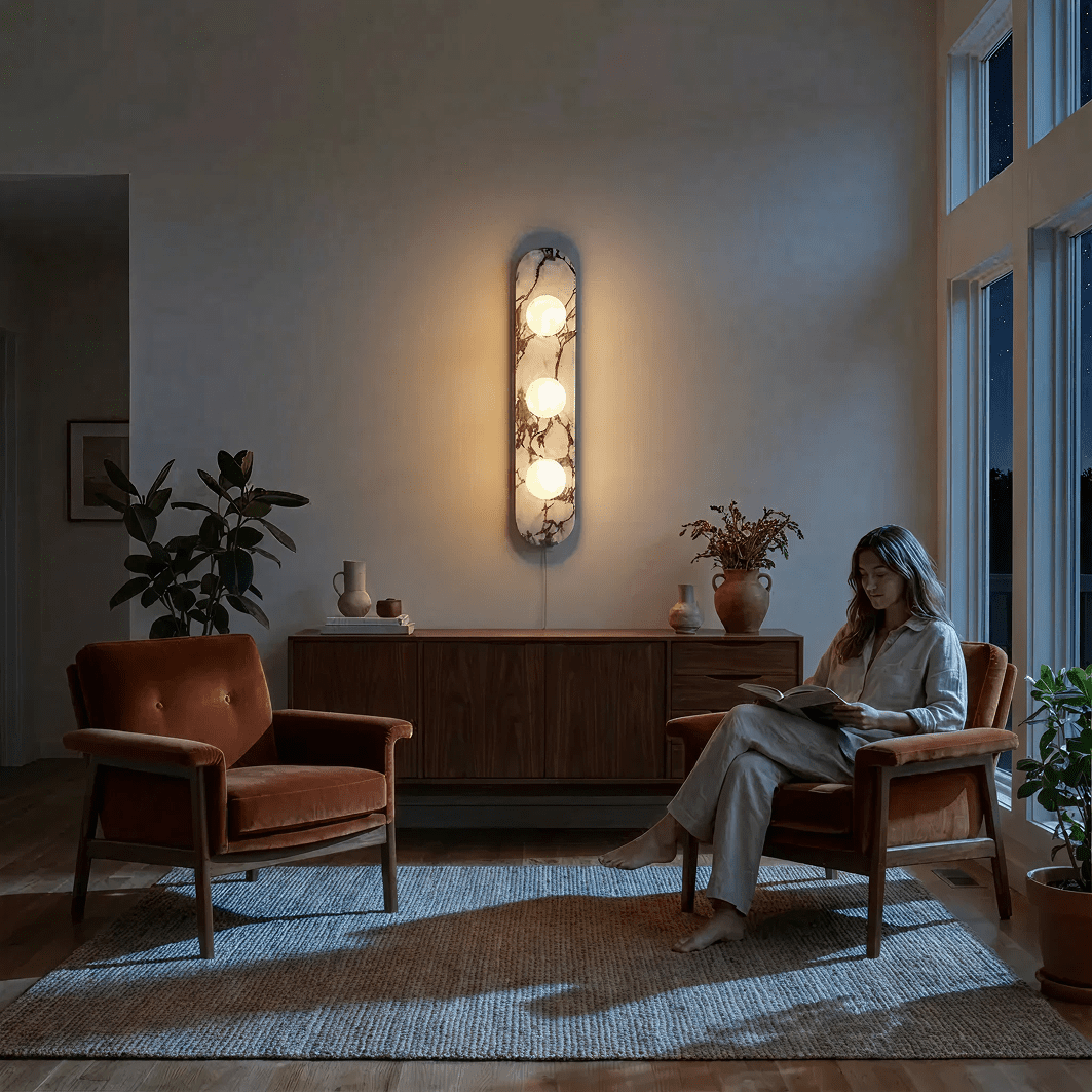 Marble Vein Sculptural Wall Lamp With Glass Globes And Metal Frame