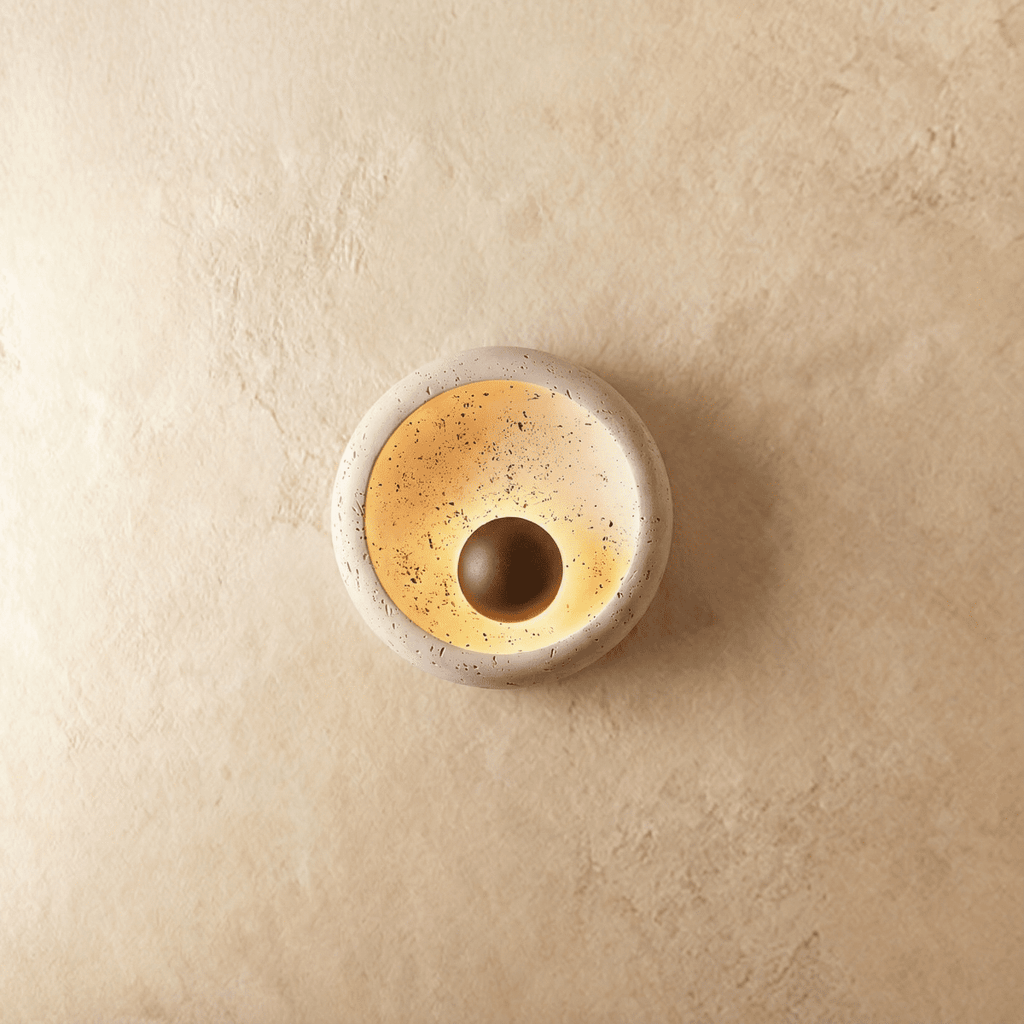 Circular Travertine Wall Light With Wood Accent And Metal Base