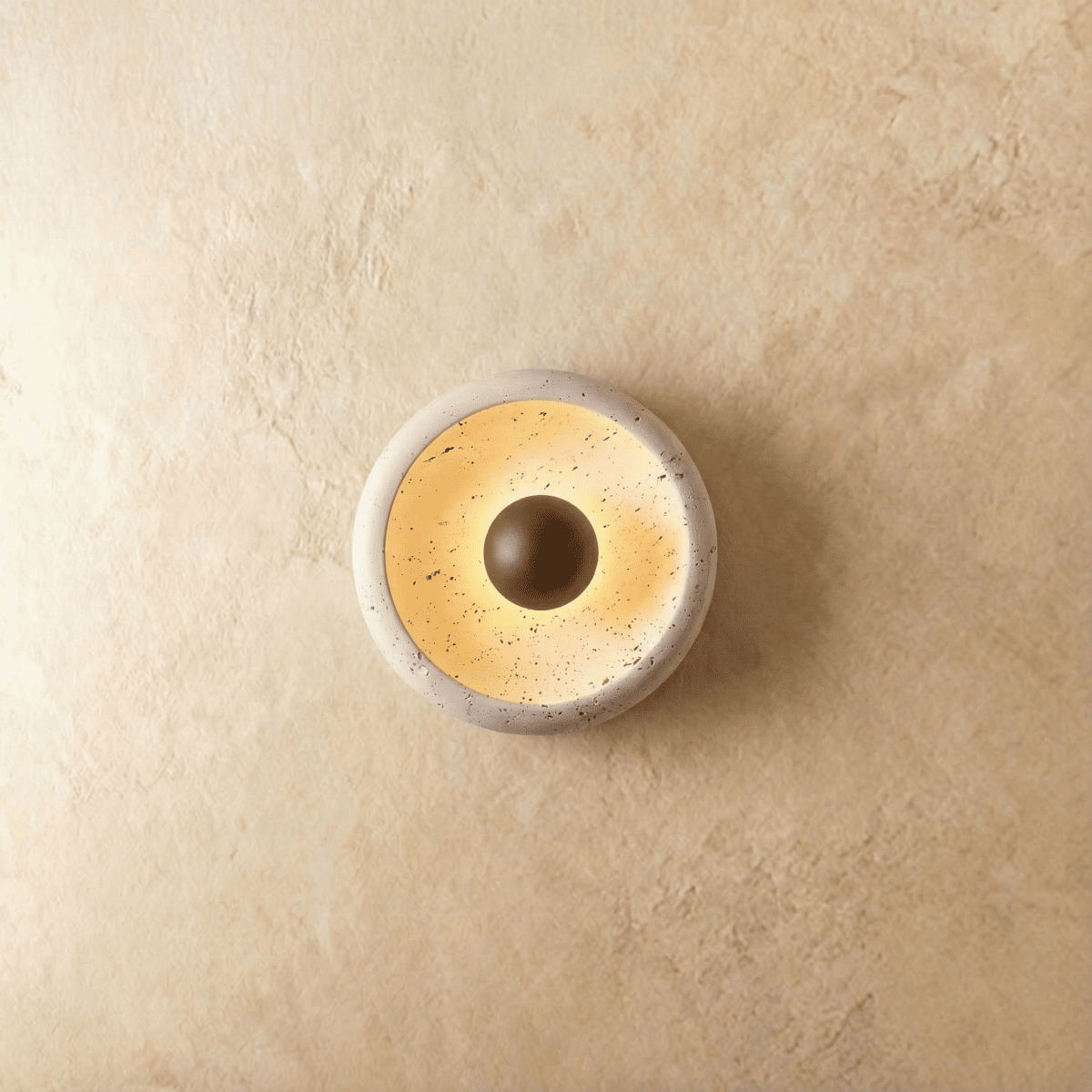 Circular Travertine Wall Light With Wood Accent And Metal Base